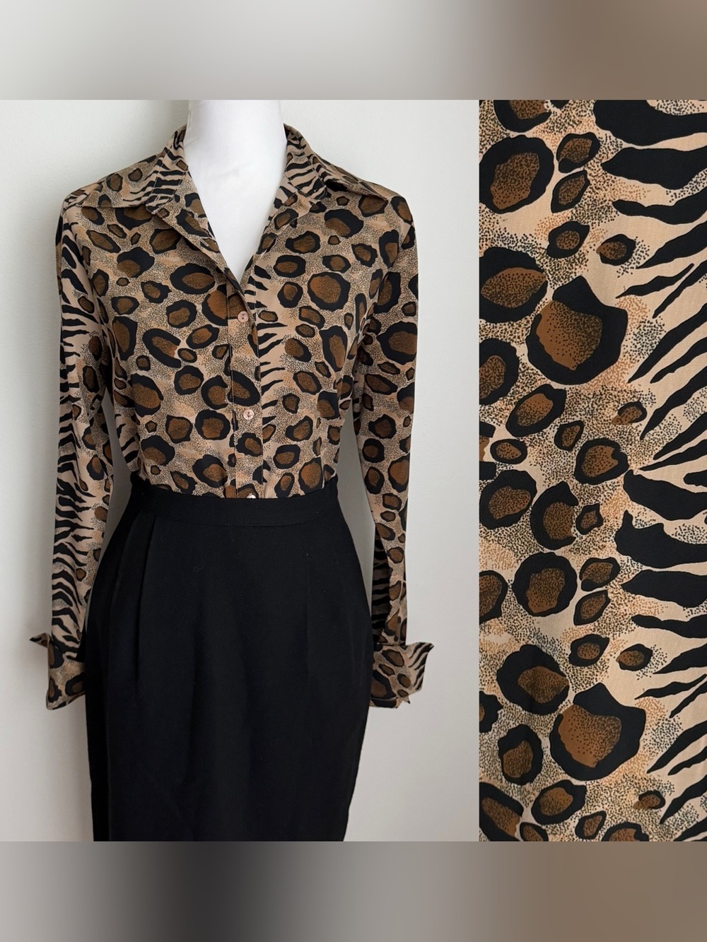 1990s Animal Print Long Sleeve Blouse Size M/L